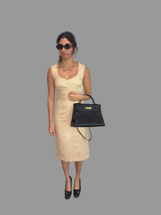 1990s Caroline Charles London Cream Tweed Dress, 8UK