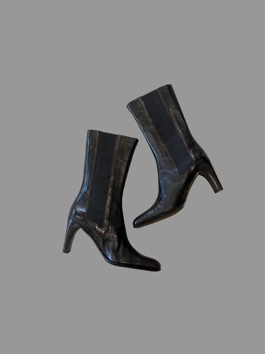 Deadstock 1990s Anne Klein Black Leather Heeled Bioots, 39.5