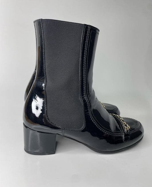 Chanel Black Patent Leather Boots with Chain Detail