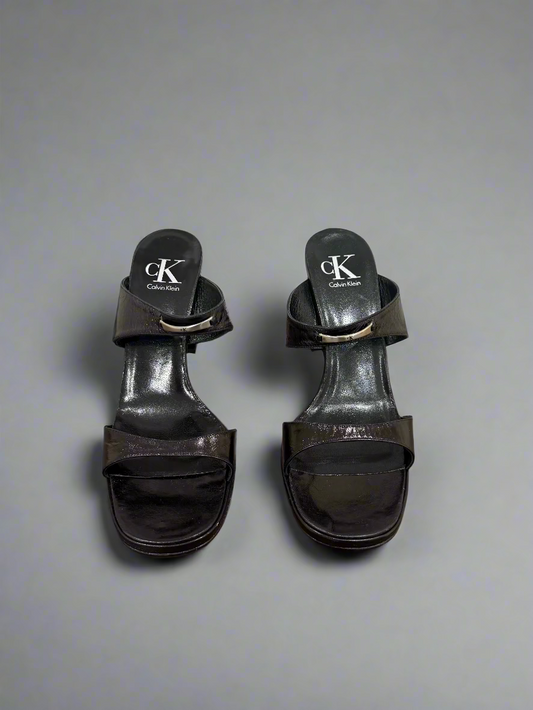 CK Calvin Klein Black Leather Heeled Sandals