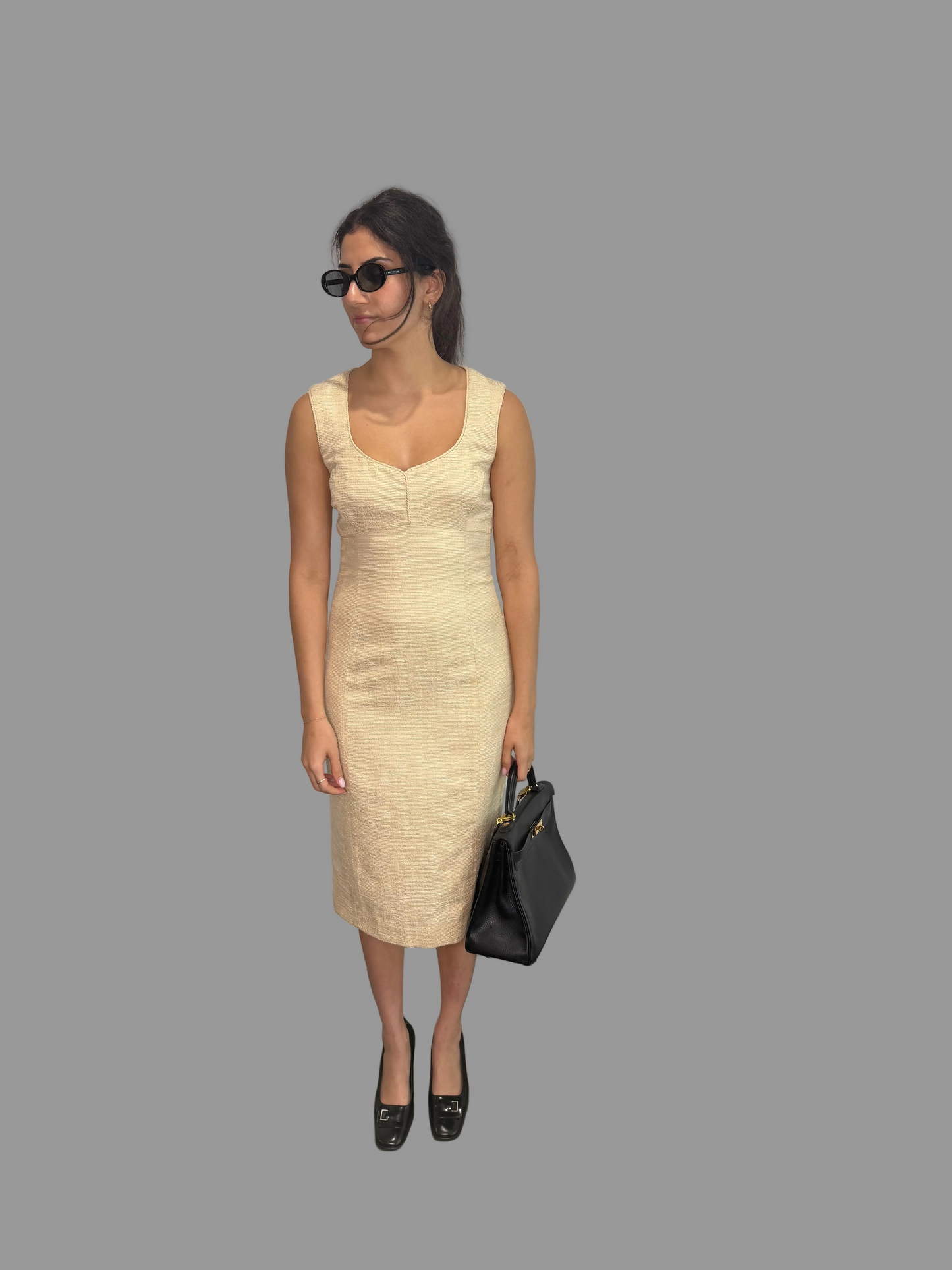 1990s Caroline Charles London Cream Tweed Dress, 8UK