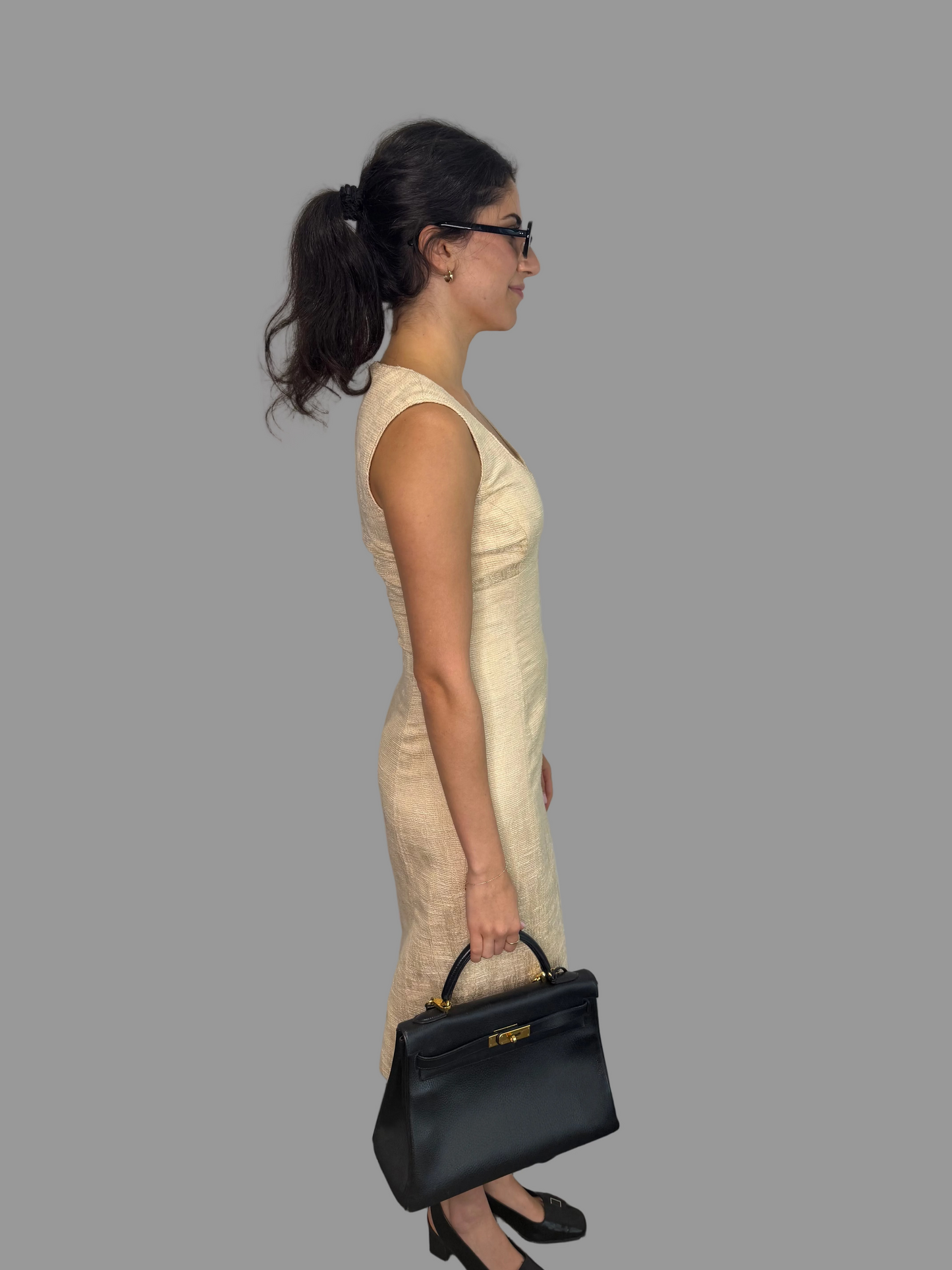 1990s Caroline Charles London Cream Tweed Dress, 8UK