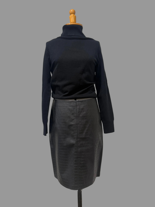 Laundry by Shelli Segal Croc effect Lamb Leather Skirt, Black, 10 US