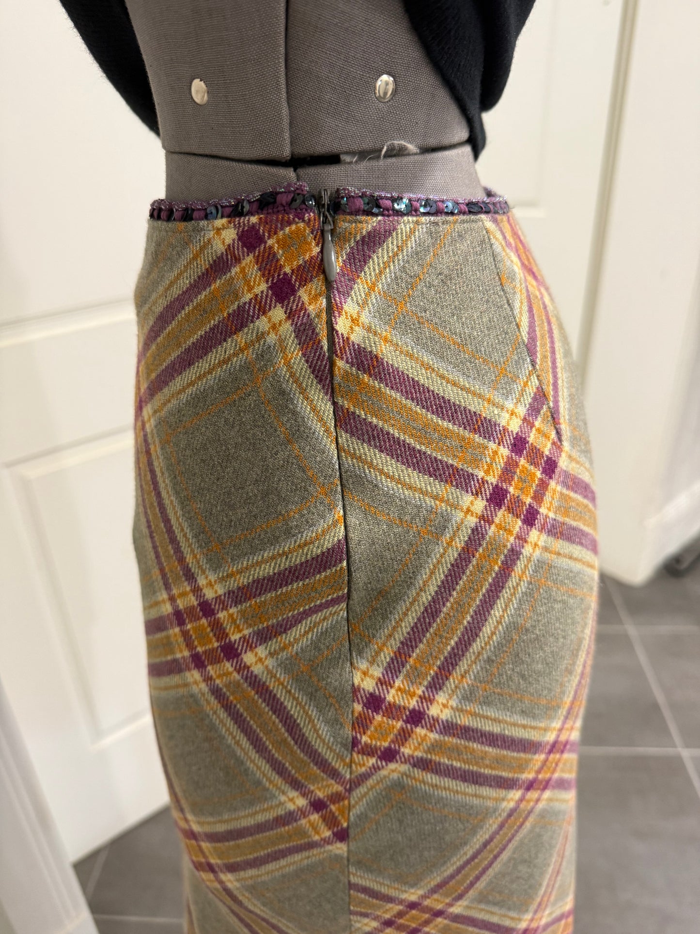 Vintage Kookai Tartan Maxi Skirt, Made in France, XS