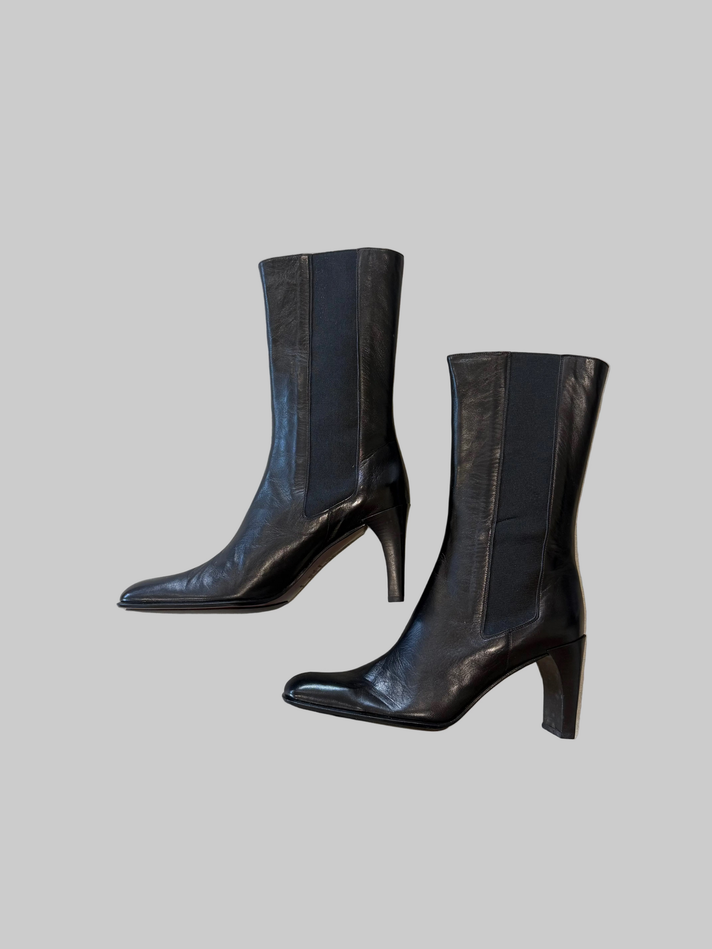 Deadstock 1990s Anne Klein Black Leather Heeled Bioots, 39.5