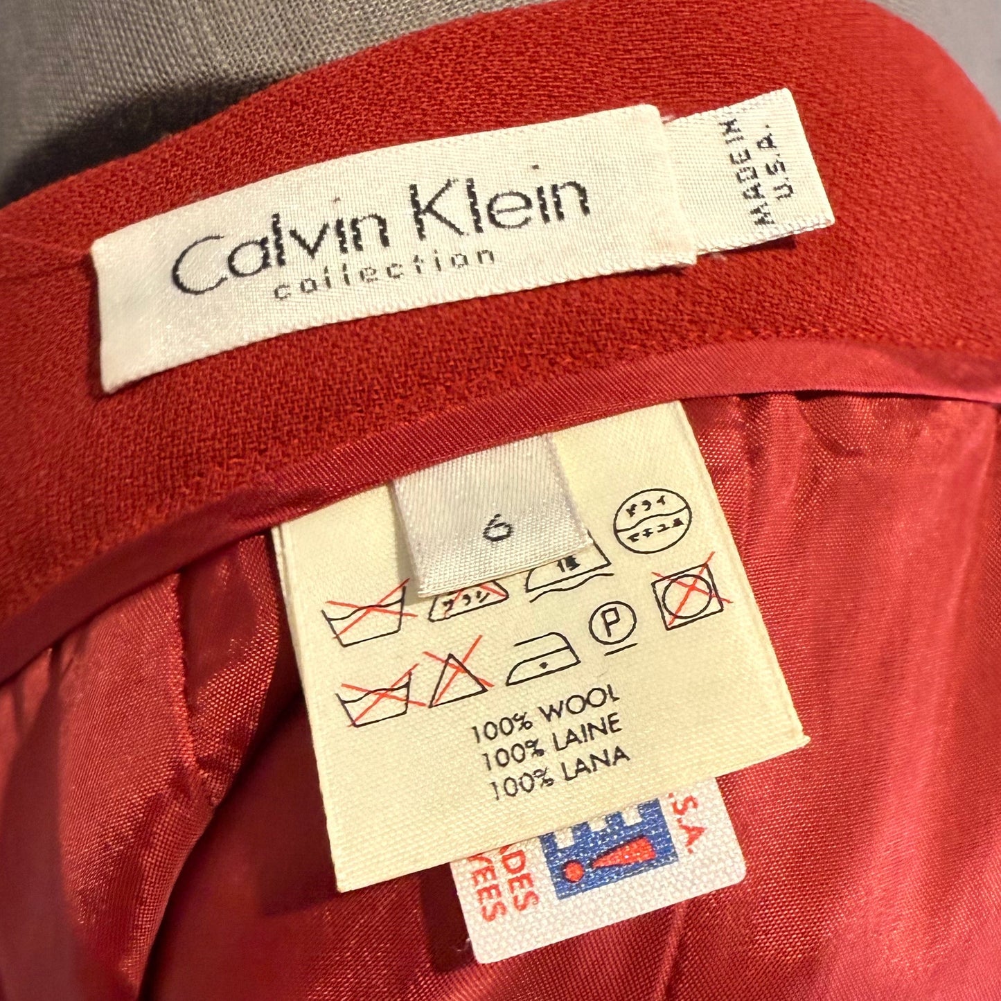 Calvin Klein Collection Early 1990s Wool Red Skirt Suit, made in USA