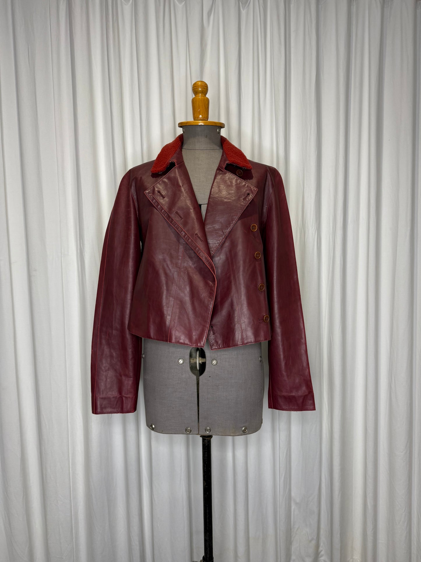 Calvin Klein Collection F/W 2000 Runway Burgundy Leather Jacket with Fur Collar