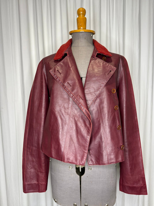 Calvin Klein Collection F/W 2000 Runway Burgundy Leather Jacket with Fur Collar
