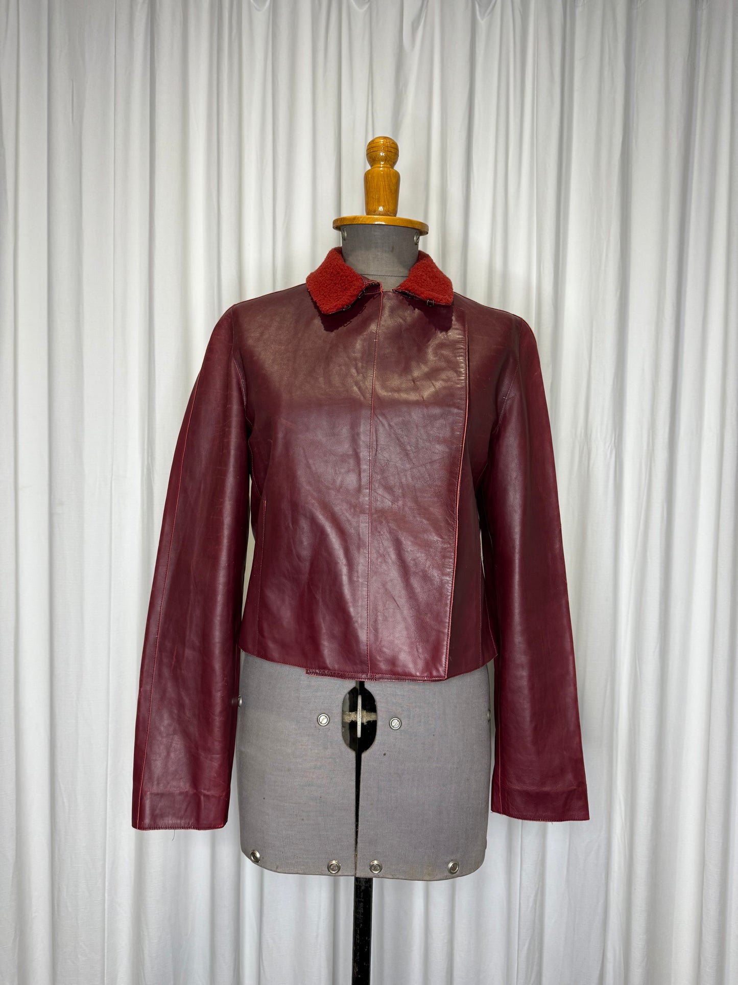 Calvin Klein Collection F/W 2000 Runway Burgundy Leather Jacket with Fur Collar