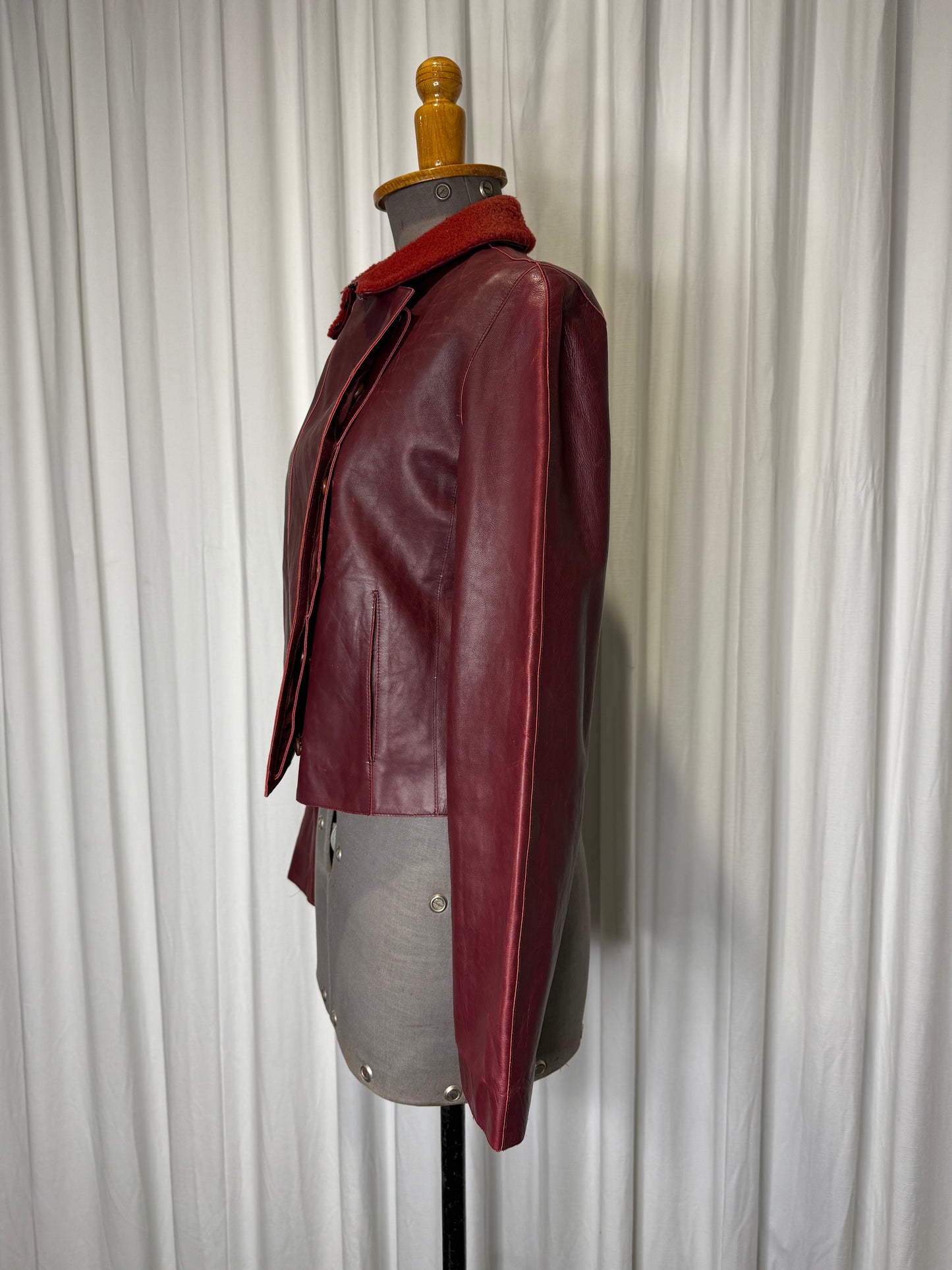Calvin Klein Collection F/W 2000 Runway Burgundy Leather Jacket with Fur Collar