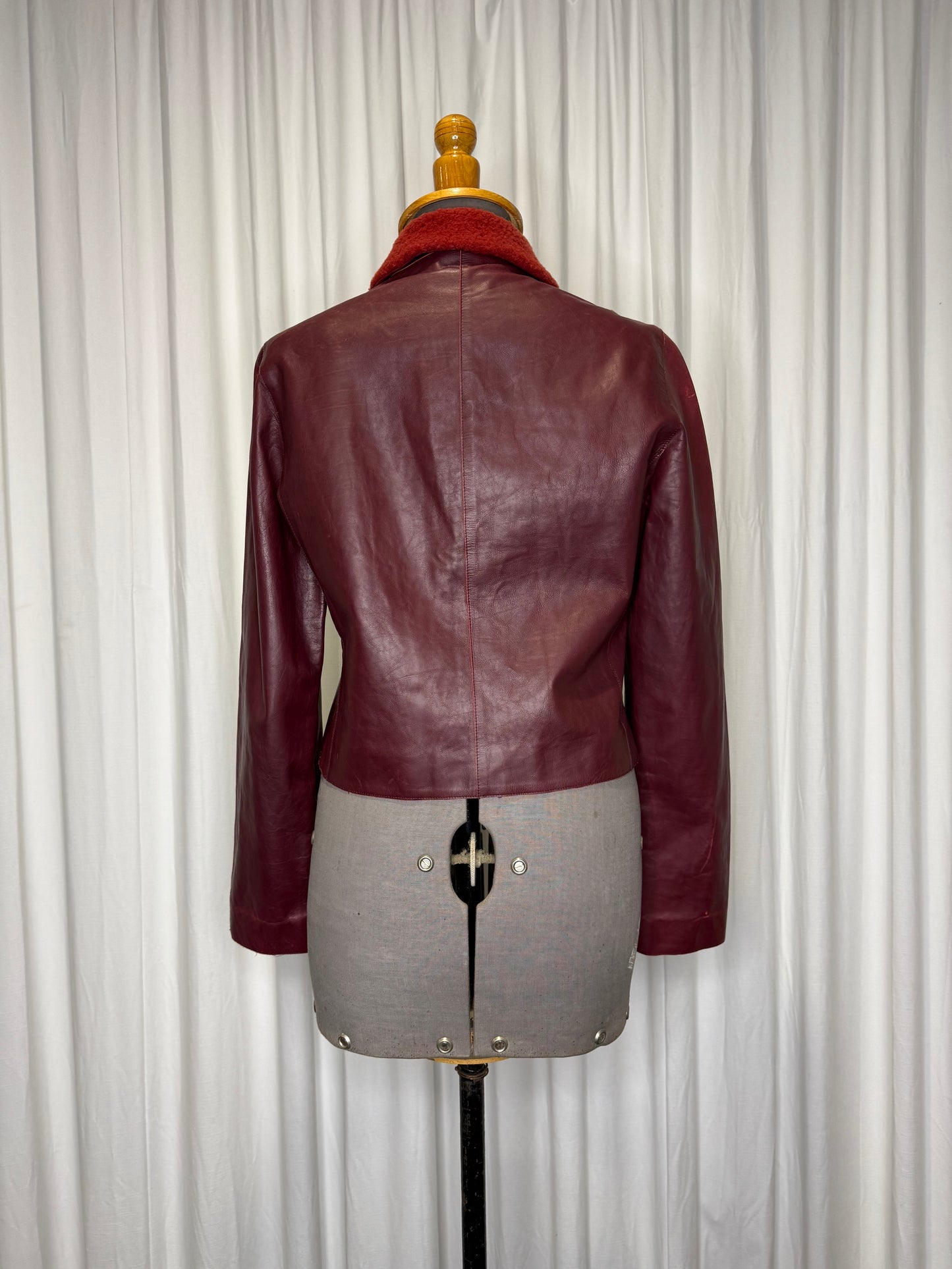 Calvin Klein Collection F/W 2000 Runway Burgundy Leather Jacket with Fur Collar