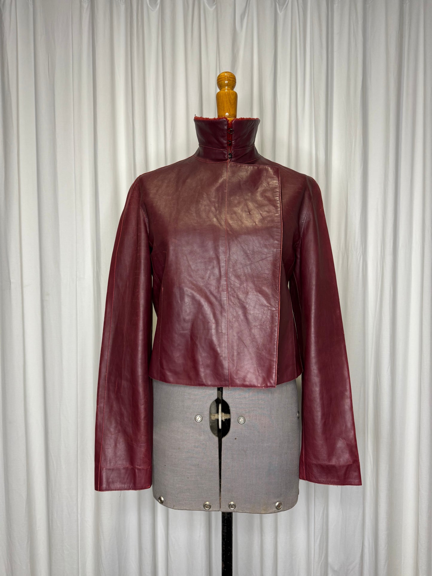 Calvin Klein Collection F/W 2000 Runway Burgundy Leather Jacket with Fur Collar