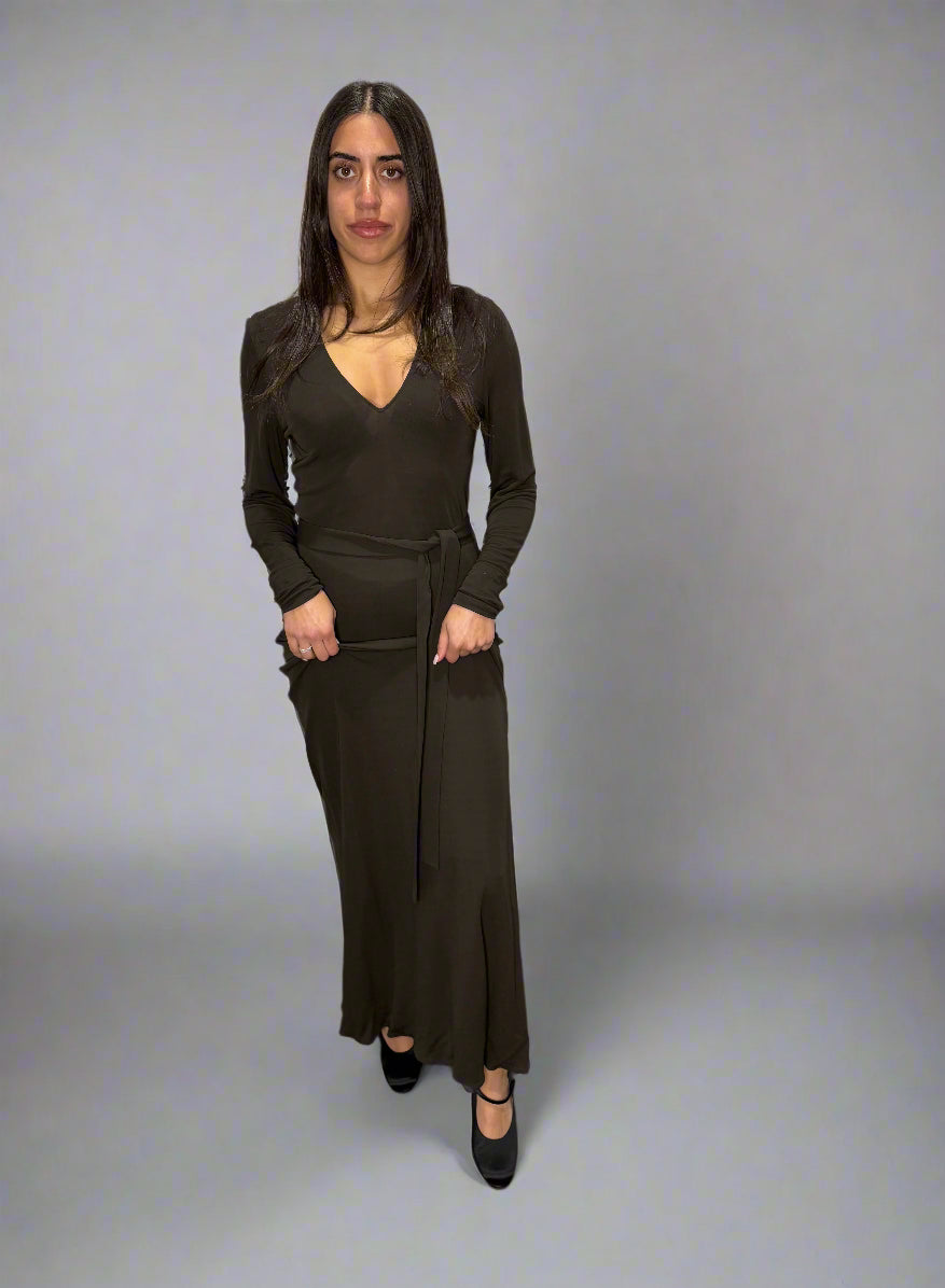 Calvin Klein Collection Brown Viscose Dress with Sash, mid 1990s