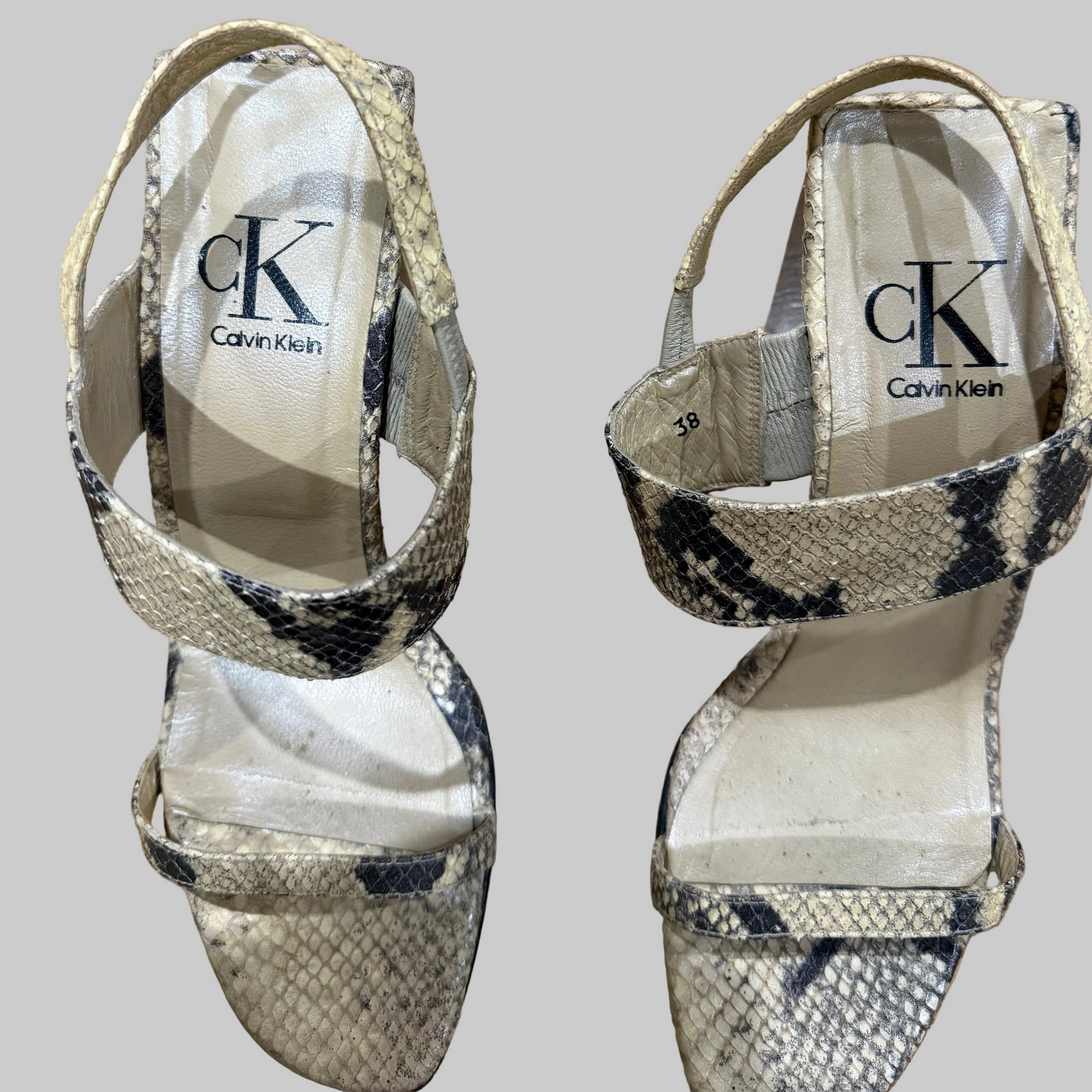 CK by Calvin Klein Snakeskin Sandals, made in Spain, 38.5
