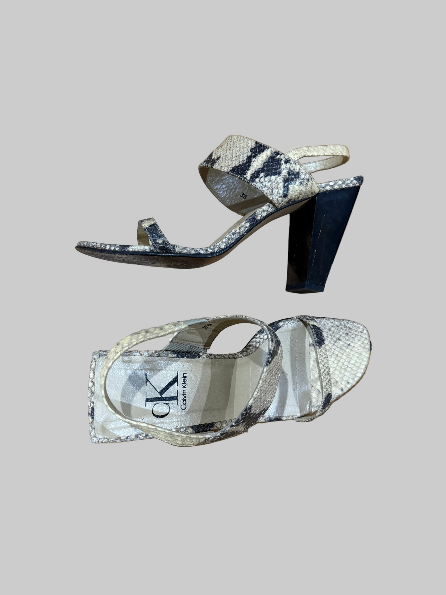 CK by Calvin Klein Snakeskin Sandals, made in Spain, 38.5