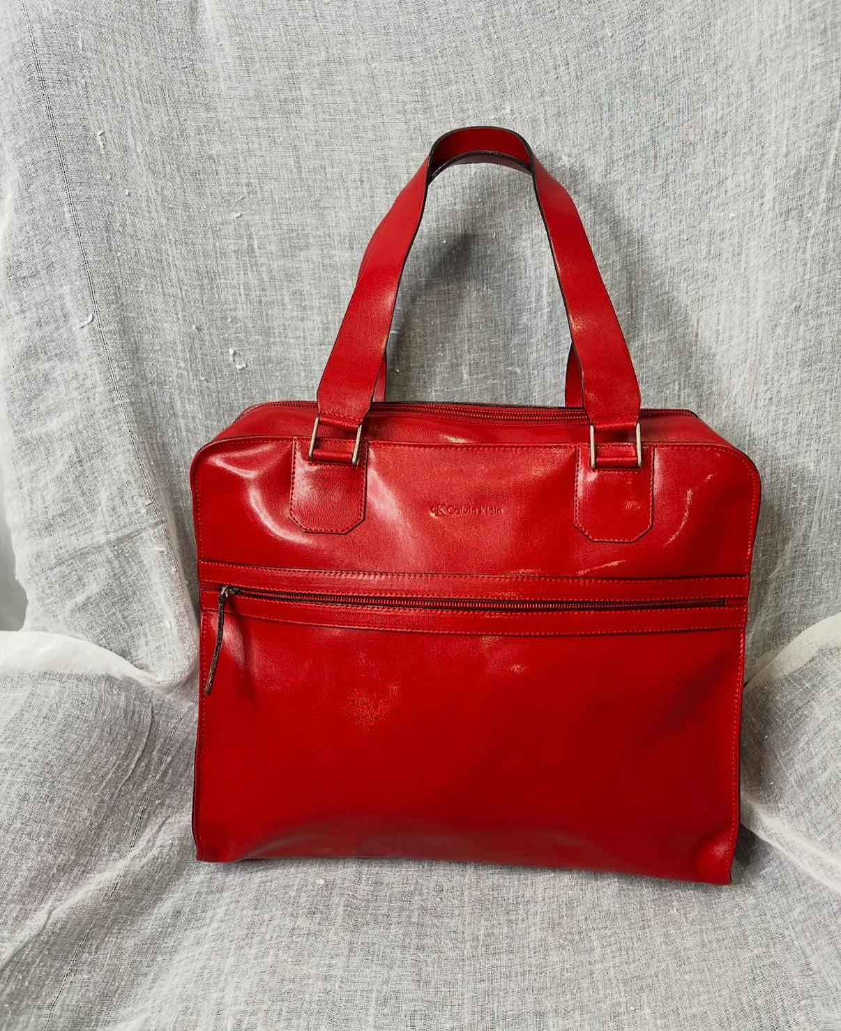 CK Calvin Klein Red Leather Tote, Made in Italy, c. mid 1990s