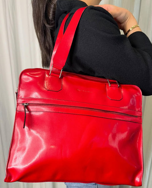 CK Calvin Klein Red Leather Tote, Made in Italy, c. mid 1990s