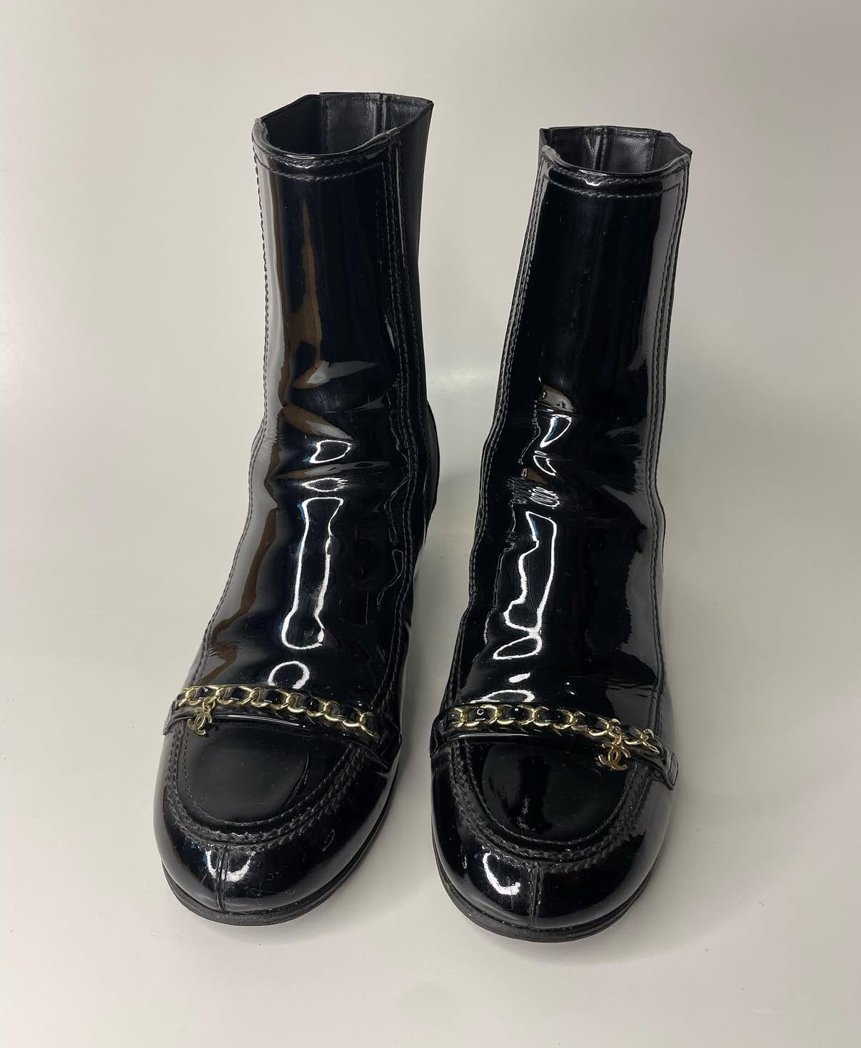 Chanel Black Patent Leather Boots with Chain Detail