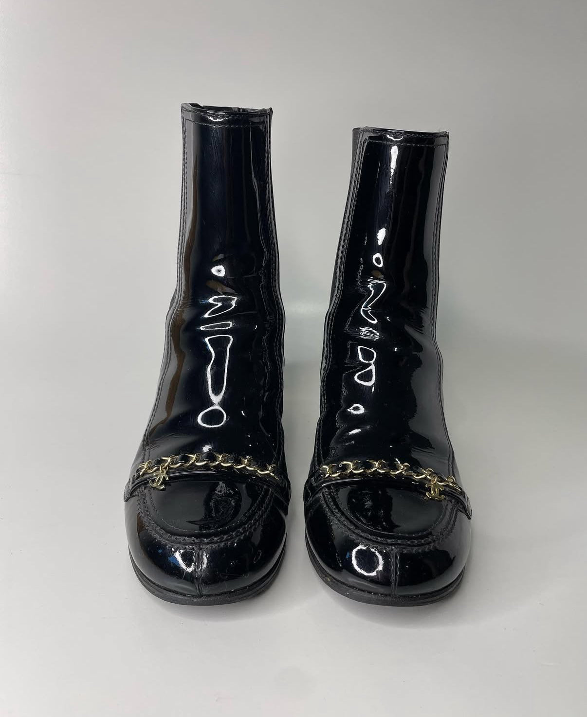 Chanel Black Patent Leather Boots with Chain Detail
