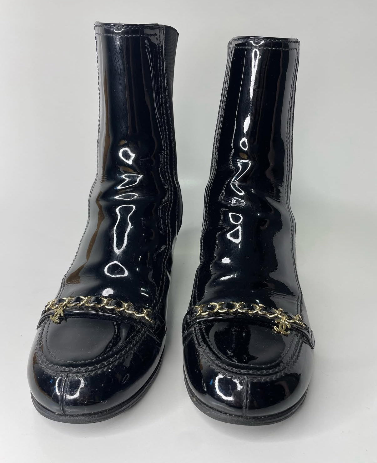 Chanel Black Patent Leather Boots with Chain Detail