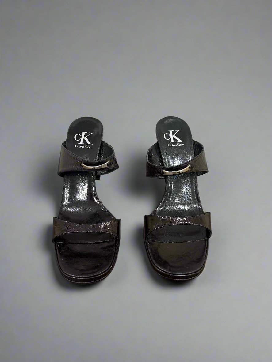 CK Calvin Klein Black Leather Heeled Sandals