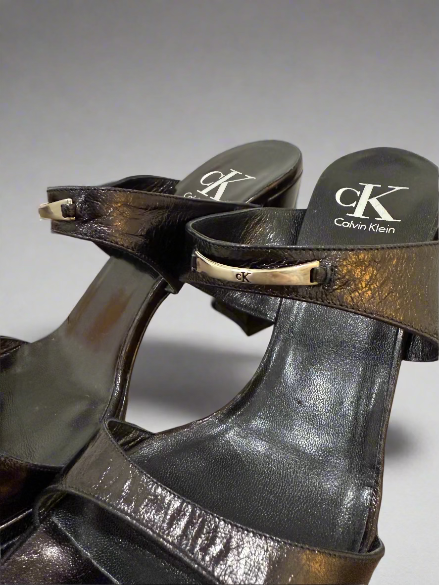 CK Calvin Klein Black Leather Heeled Sandals