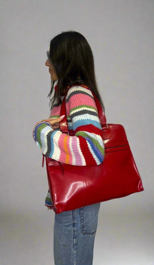 CK Calvin Klein Red Leather Tote, Made in Italy, c. mid 1990s