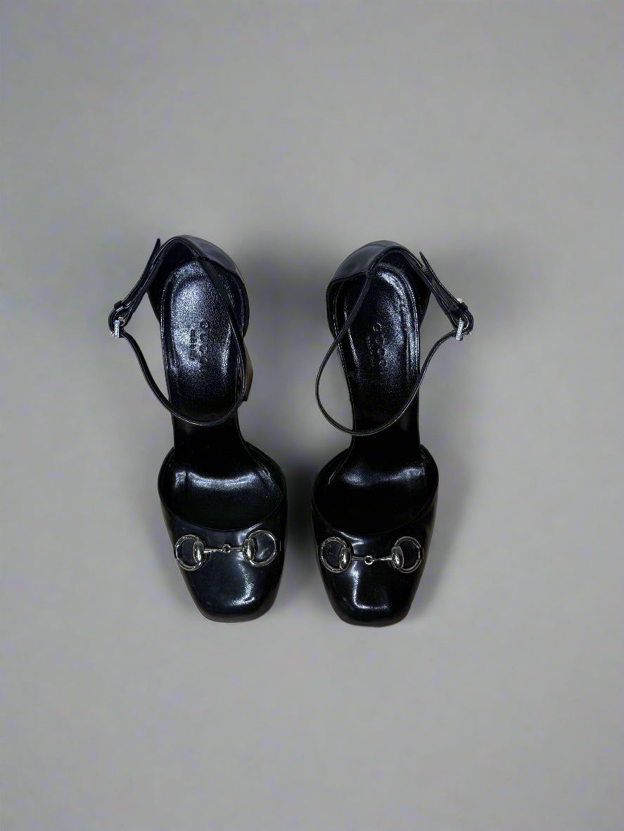 Gucci Black Patent Leather Horse-bit Mary Jane Heels, 37