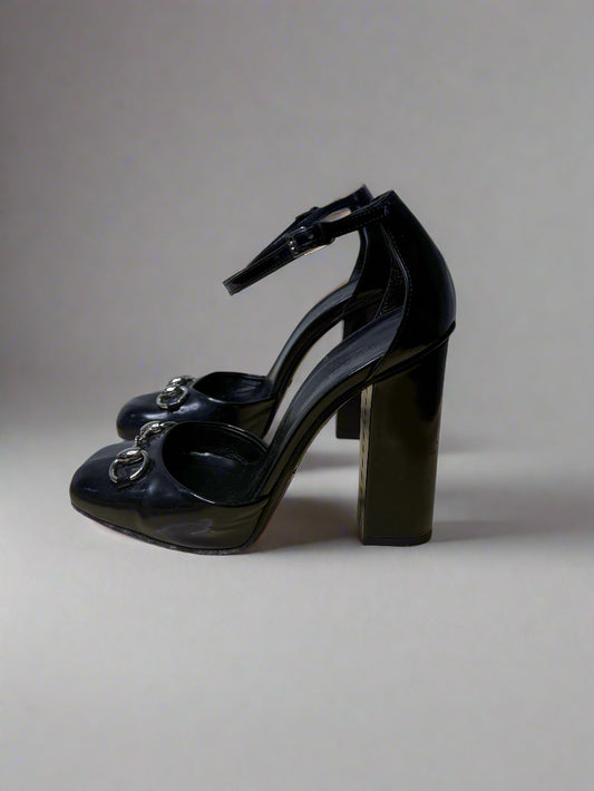Gucci Black Patent Leather Horse-bit Mary Jane Heels, 37