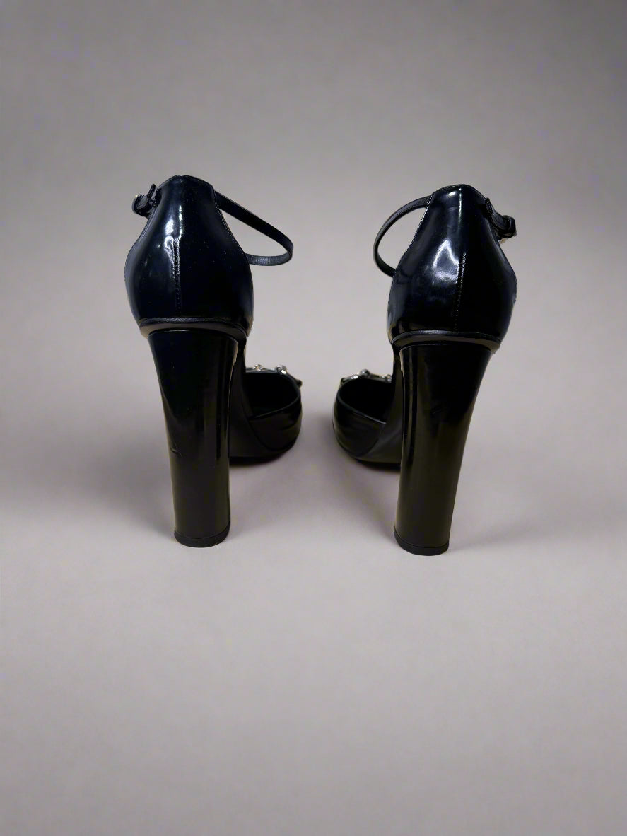 Gucci Black Patent Leather Horse-bit Mary Jane Heels, 37
