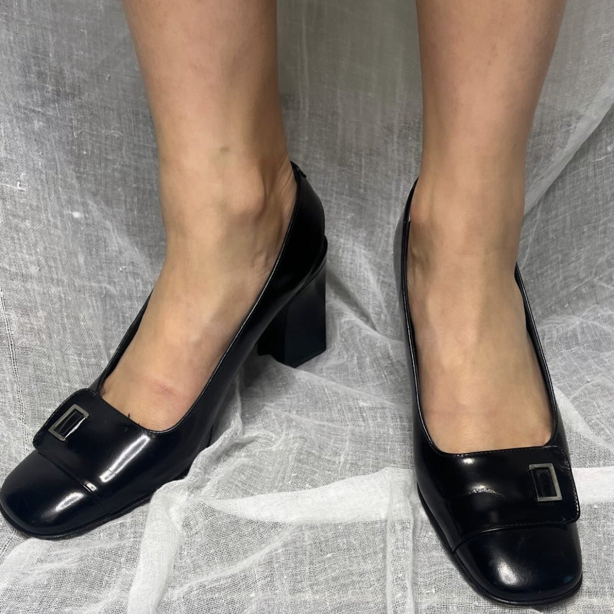 Calvin Klein Collection Black Slingback Pumps with Buckle, 1990s, 7.5