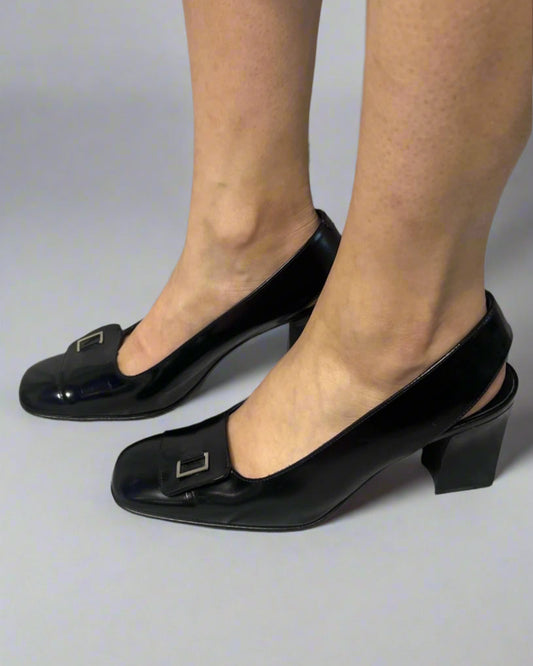 Calvin Klein Collection Black Slingback Pumps with Buckle, 1990s, 7.5