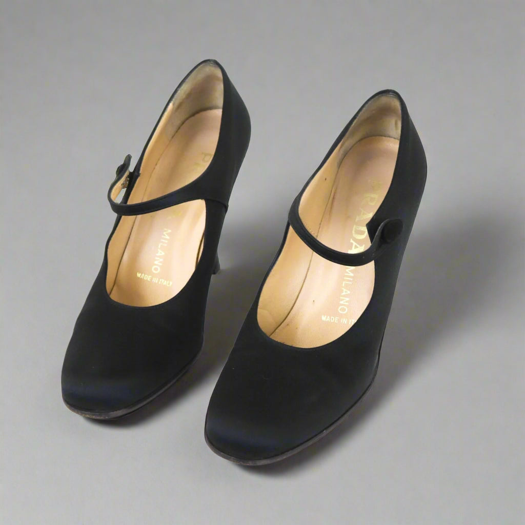 Prada S/S 1994 Black Satin Mary Jane Heels as seen on Carolyn Bessette Kennedy