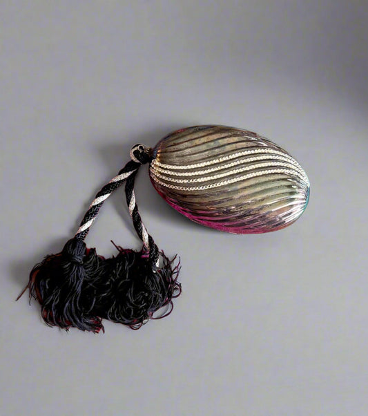 Vintage 1970s Giorgio Beverly Hills Walborg Oval w/ Tassel Metal Hard Case Clutch Bag